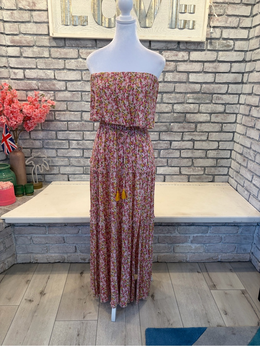Aakaa Pink Floral Smocked Top with Green Accents